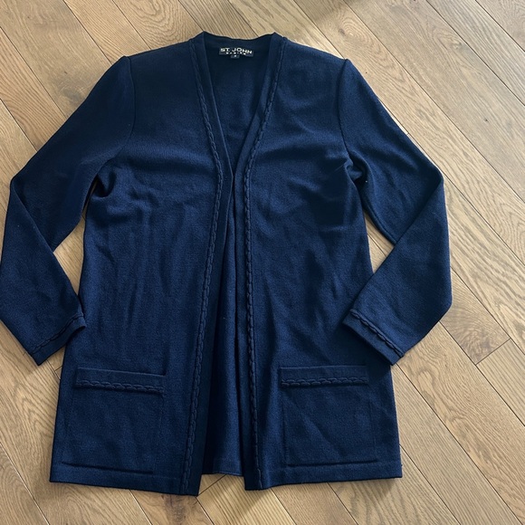 ST JOHN Basics sz M Navy Blue Longer Jacket Cardigan Scalloped Trim - Picture 9 of 10